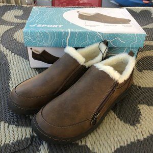 NWT Jsport womens Elenor faux fur slip on shoes brown 9